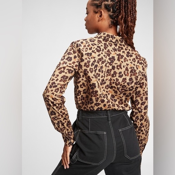 GAP Leopard Print Perfect Shirt Long Sleeves Cotton Button Up Blouse Size L Tall - Picture 13 of 13